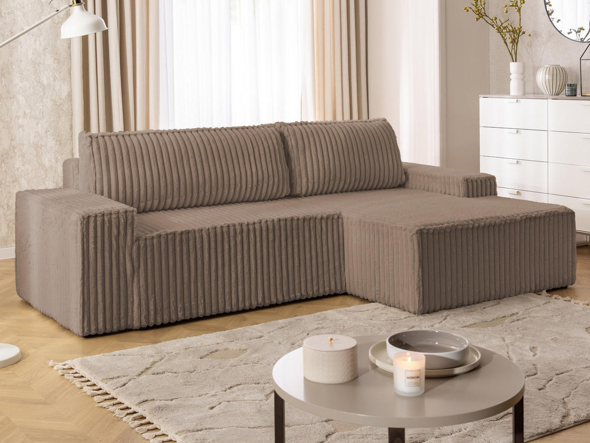 ECKSOFA Rivio mit Schlaffunktion und Bettkasten, Plüschcord Braun - Schwarz/Braun, Holz/Kunststoff (262/149cm) - S-Style