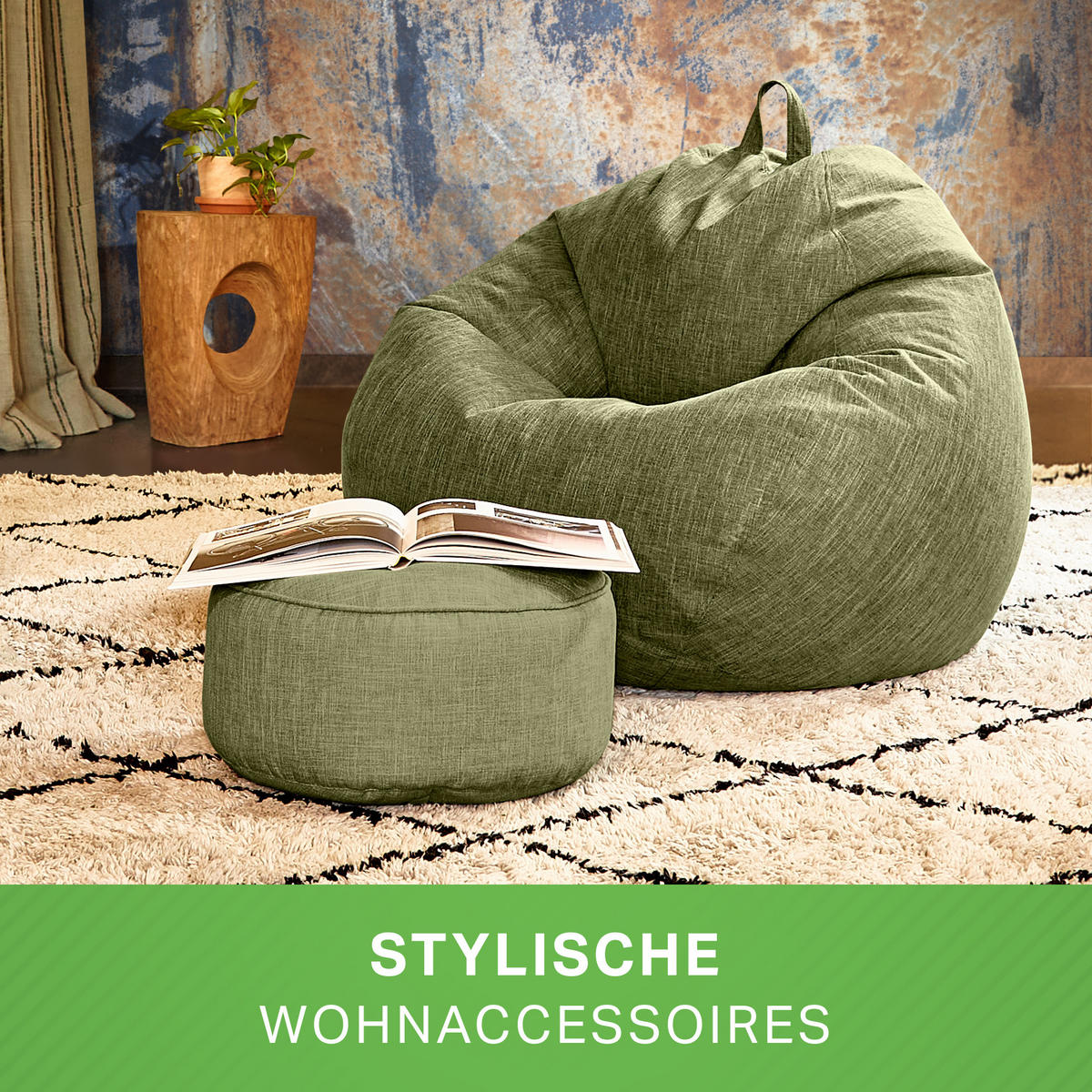 XXL-SITZSACK Indoor "Home Linen“+Hocker - Grün, Textil (100/120/50cm) - Green Bean