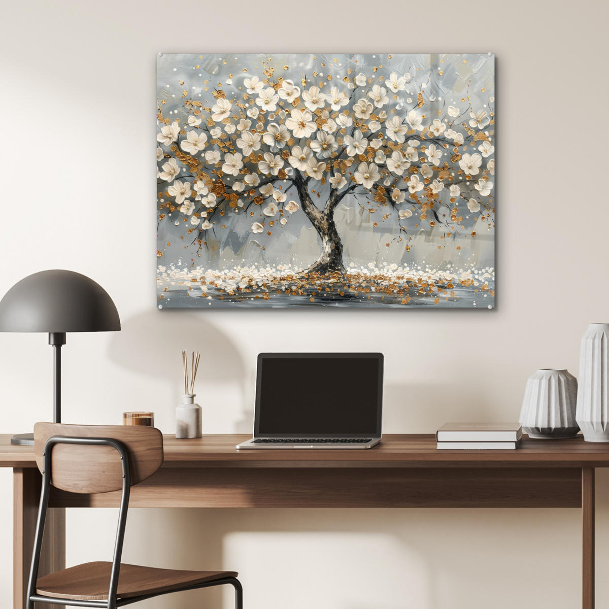 ACRYLGLASBILD Baum - Blumen - Weiß - Natur - Kunst 80x60 cm - Weiß, Glas (80/60cm) - MuchoWow