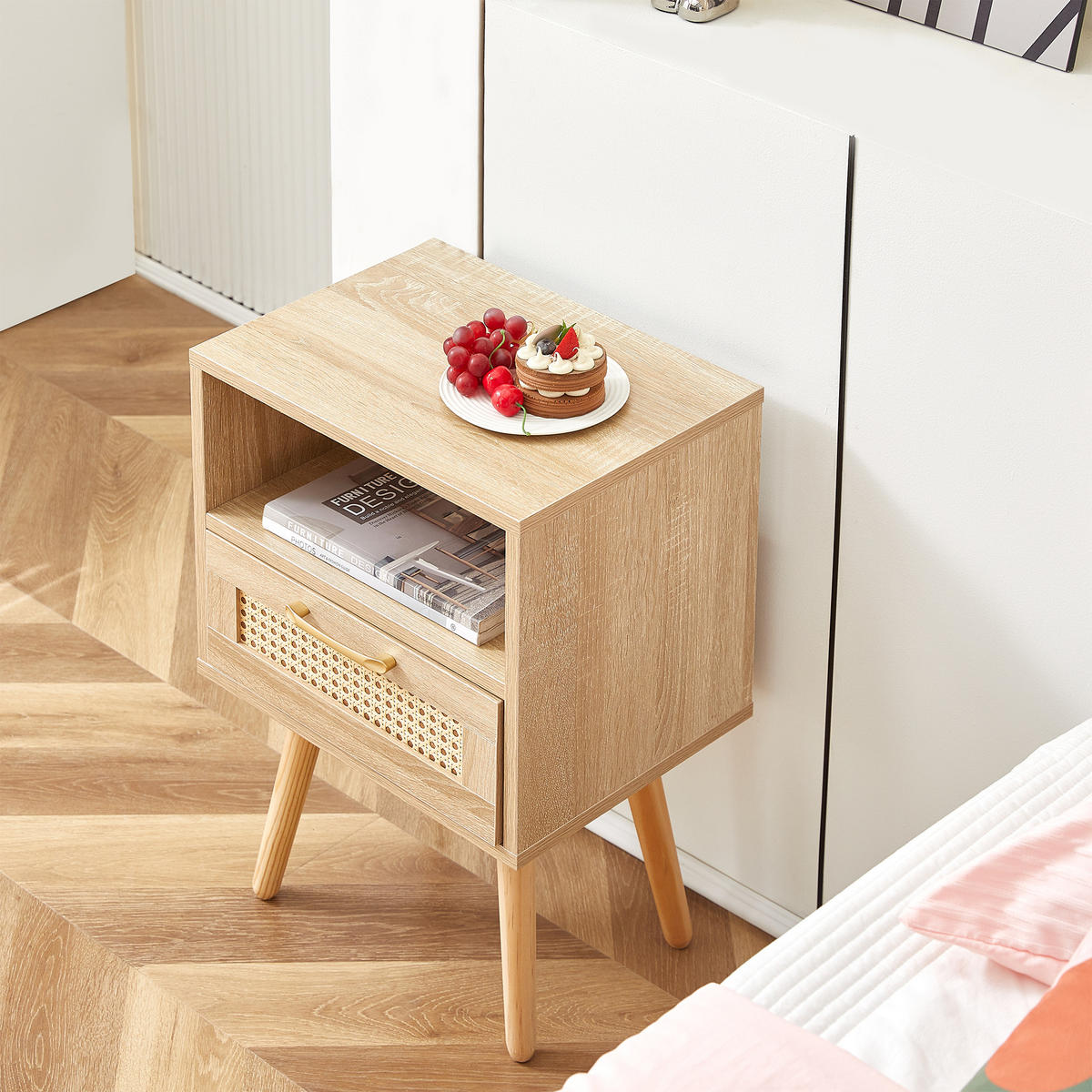 NACHTTISCH 30/40/55 cm natur aus MDF mit Rattanfront und Schublade - Hellbraun, Holzwerkstoff (30/55/40cm) - OKWISH