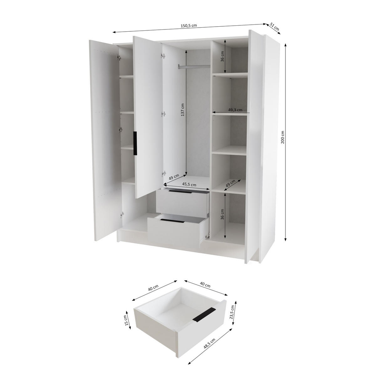 DREHTÜRENSCHRANK CAVA 200/200/51 cm Modern Kleiderschrank 4-türig Schwarz - Schwarz, Holzwerkstoff (200/200/51cm) - MASSENO