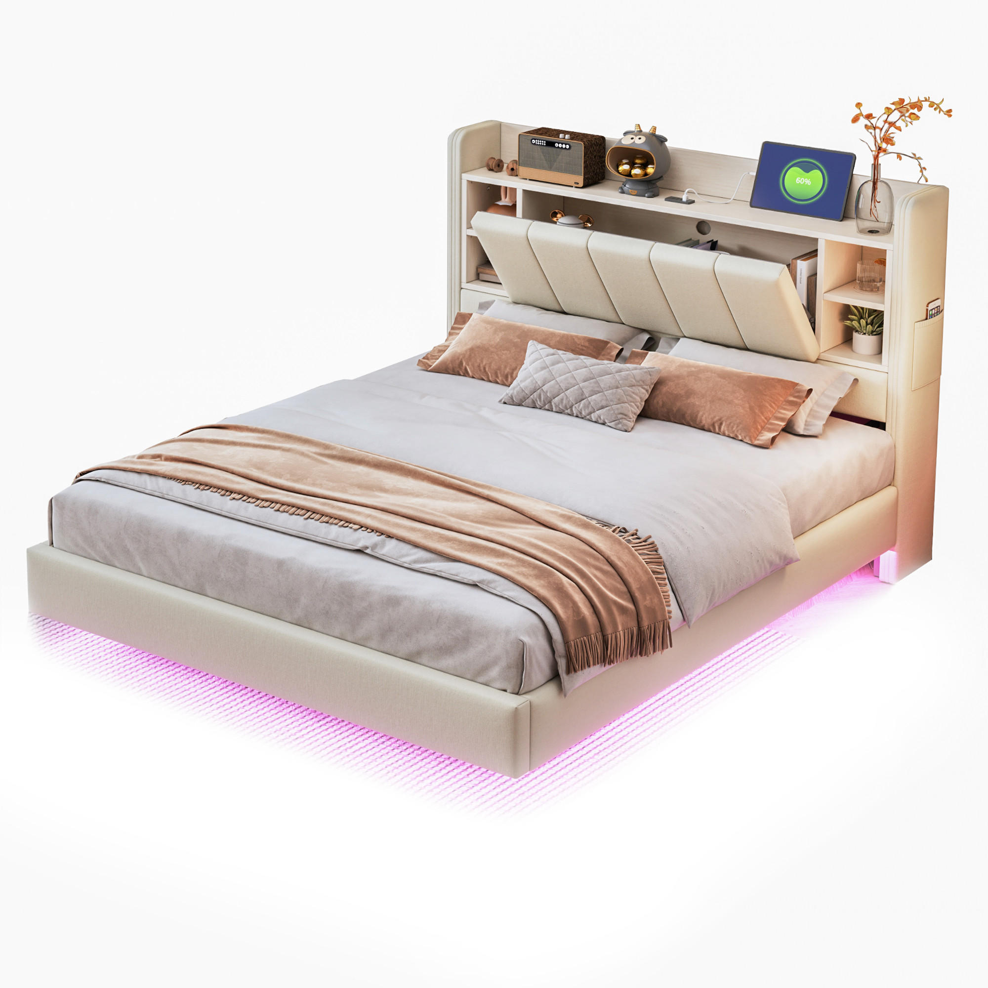 WISHDOR ČALOUNĚNÁ POSTEL 140/200 cm v Béžové Barvě z Lněné Látky s LED, USB a Úložnými Přihrádkami