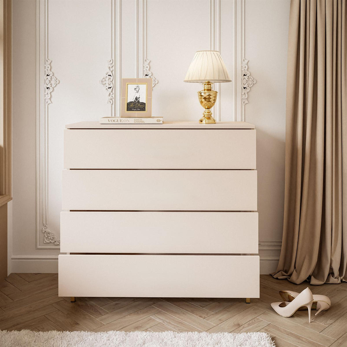 KOMMODE LINA KASCHMIR 4S mit Schubladen und LED-Beleuchtung Goldene Beine - Kaschmir/Goldfarben, Holzwerkstoff (95/86/40cm) - Lookway