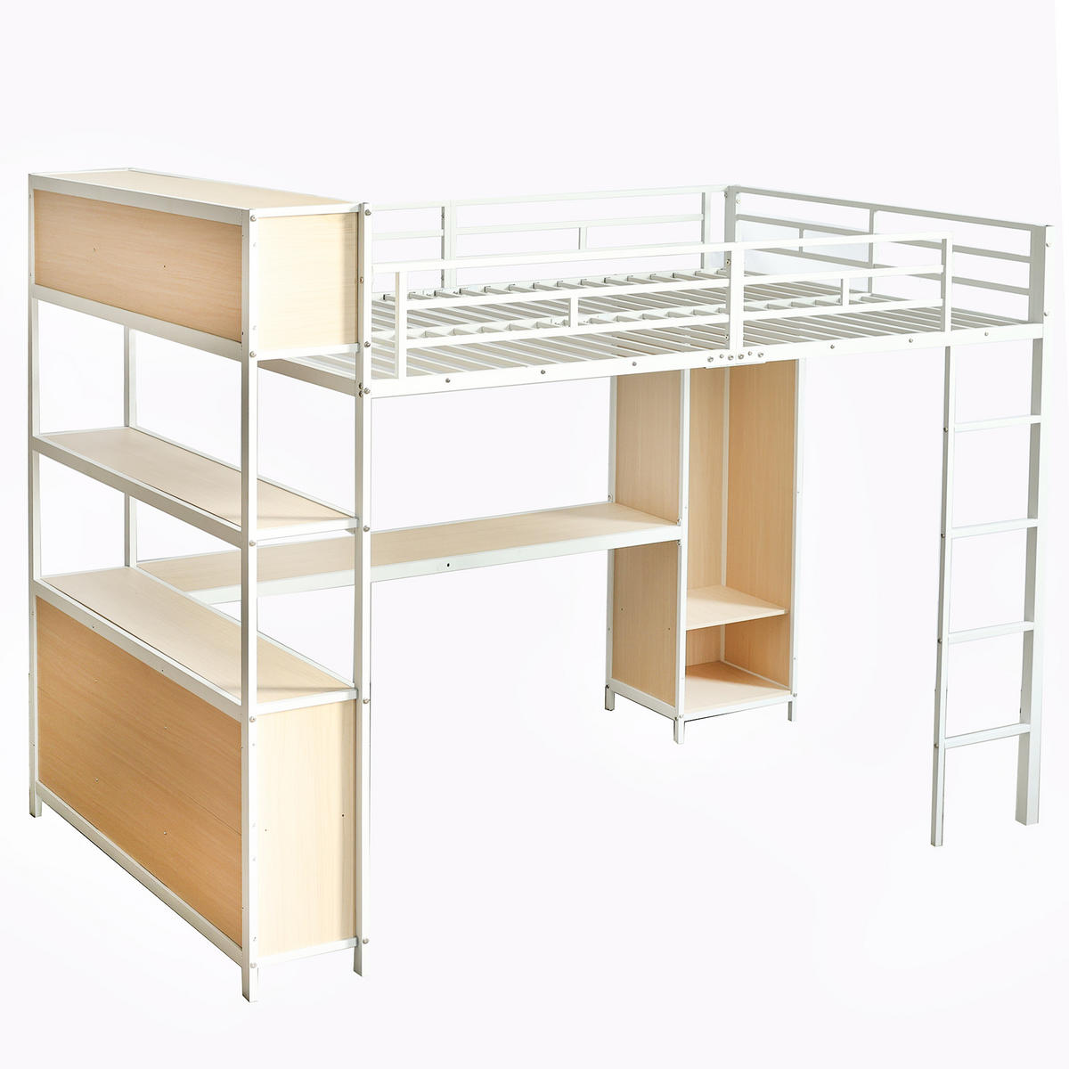 HOCHBETT 140/200 cm in Weiß & Natur mit Kleiderschrank, Stauraum und Schreibtisch - Weiß, Holzwerkstoff/Metall (140/200cm) - CHICFURN