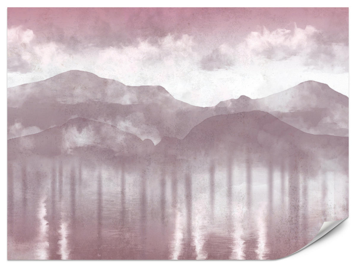 FOTOTAPETE für Wohnzimmer Neblige Berglandschaft Violet Bergpanorama Modern 500x350 - Violett/Rosa, Papier (500/350cm) - Muralo