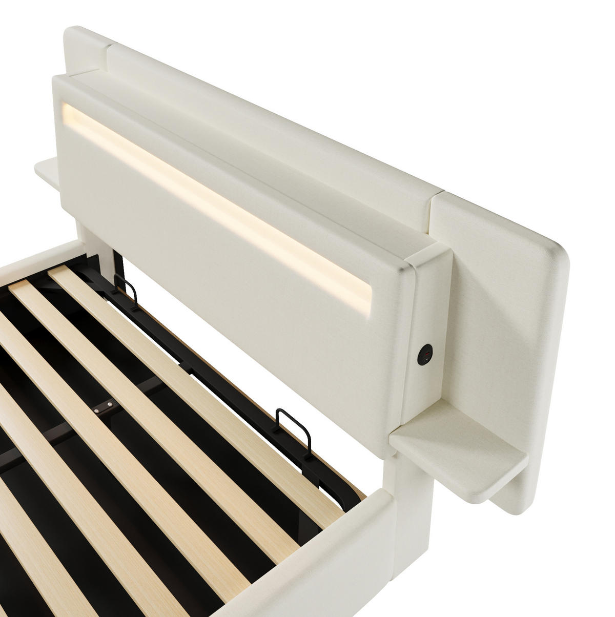 POLSTERBETT aus MDF und Leinen 140x200 cm Beige mit Bettkasten, LED-Beleuchtung, Nachttisch und USB-Anschluss - Beige, Textil (140/200cm) - Modfu