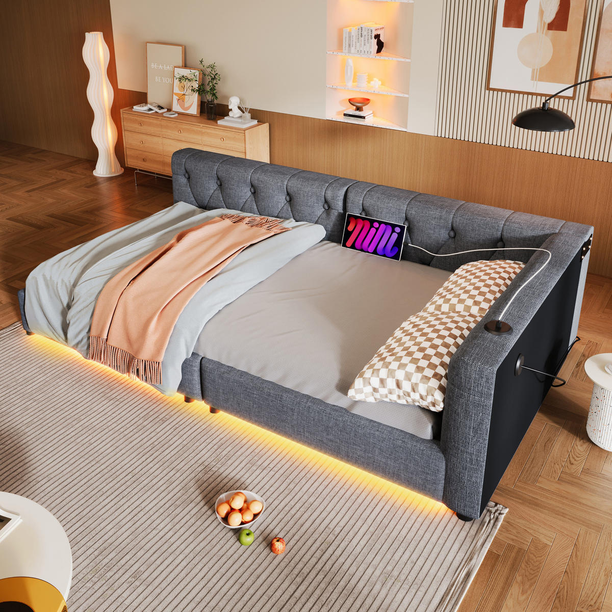 POLSTERBETT mit LED-Beleuchtung 90/200 cm mit gepolstertem Kopfteil und Lattenrost - Grau, Textil (90/200cm) - BEAOK