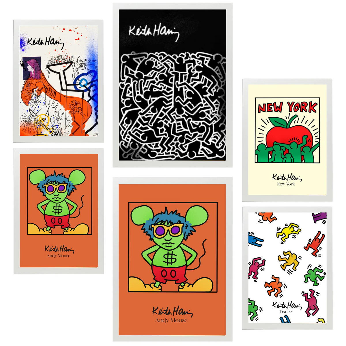 POSTER Set Mit 6 Ikonische Keith Haring Pop Art A3 & A4 Weißer Rahmen - Weiß, Papier (29/3cm) - Nacnic