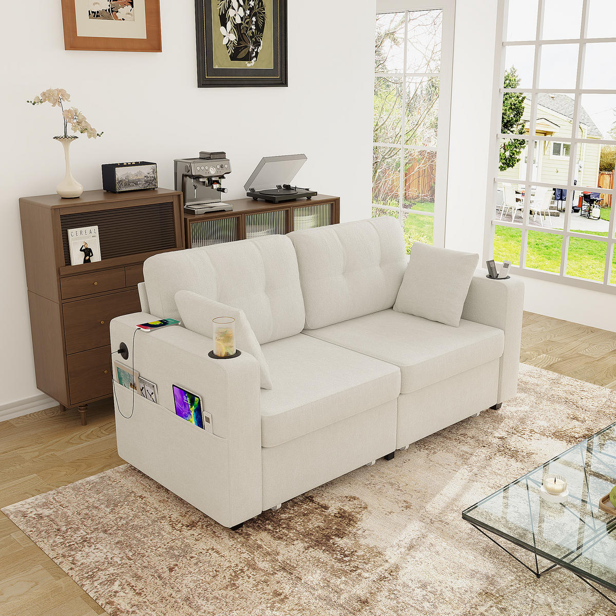 2-SITZER Sofa aus Chenille 172x75x82 cm mit USB-Anschlüssen & Stauraum, beige - Beige, Textil (75/82/172cm)
