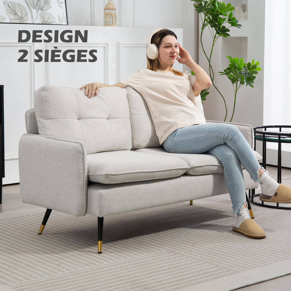 SOFA, 2-Sitzer, gesteppte Rückenlehne, cremefarben, 139x68x80cm - Multicolor, Holzwerkstoff (139/80/68cm) - FORIOUS