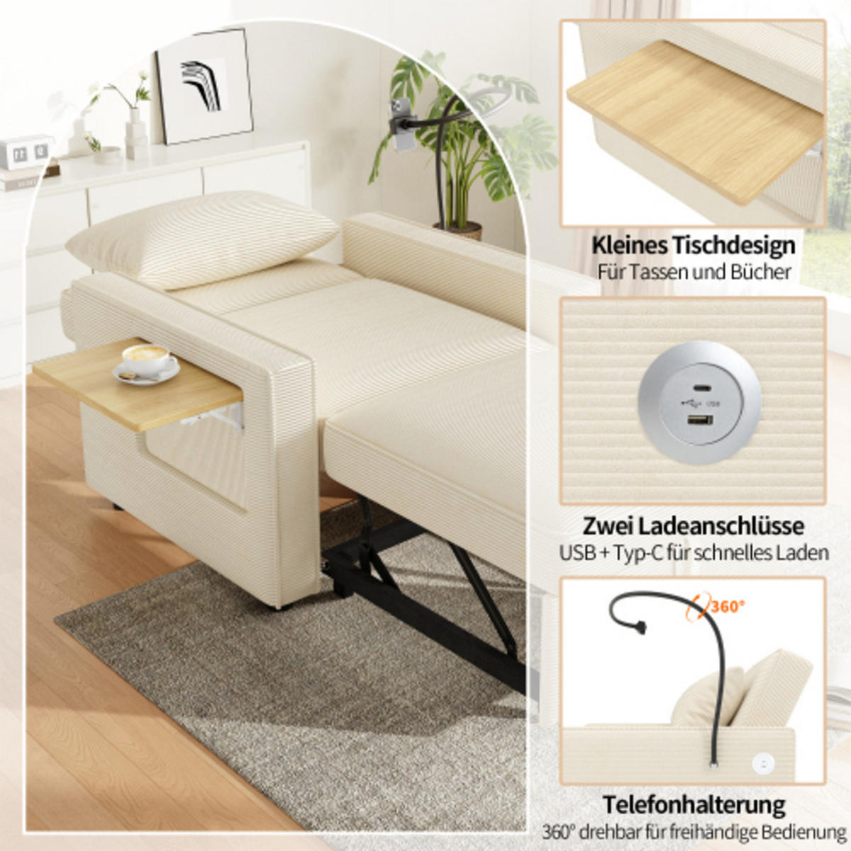 SCHLAFSOFA 93x150x85 cm aus Cord Multifunktionales faltbares, beige - Beige, Textil (150/85/93cm) - Luhomfu