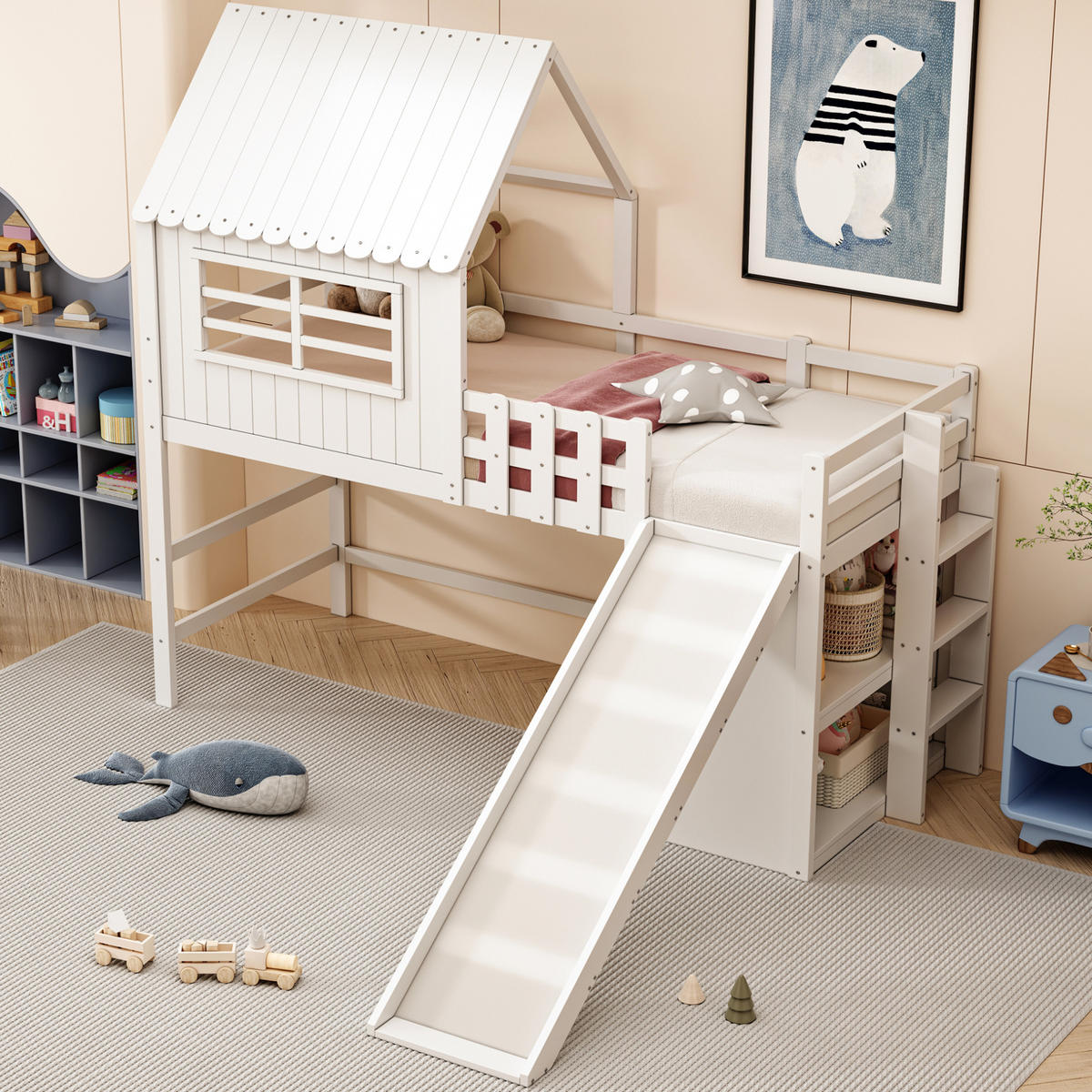 KINDERBETT aus Massivholz und MDF 90x200 cm Weiß/Rosa mit Rutsche, Leiter und Stauraum - Weiß, Holz (90/200cm) - Modfu