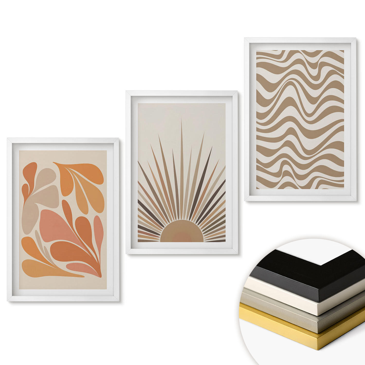 WANDBILDER 3er-Set - 40x60 cm Weißer Rahmen - Sonnen-Boho-Pastelltönen - Weiß, Kunststoff (40/60cm) - ArtPrintCave