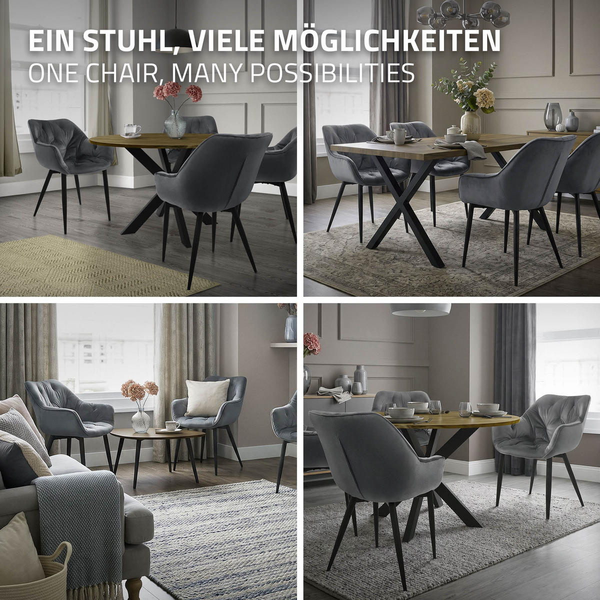 JÍDELNÍ ŽIDLE, sada 6 ks, antracitový samet - šedá/černá, kov (60/82/57cm) - ML-DESIGN