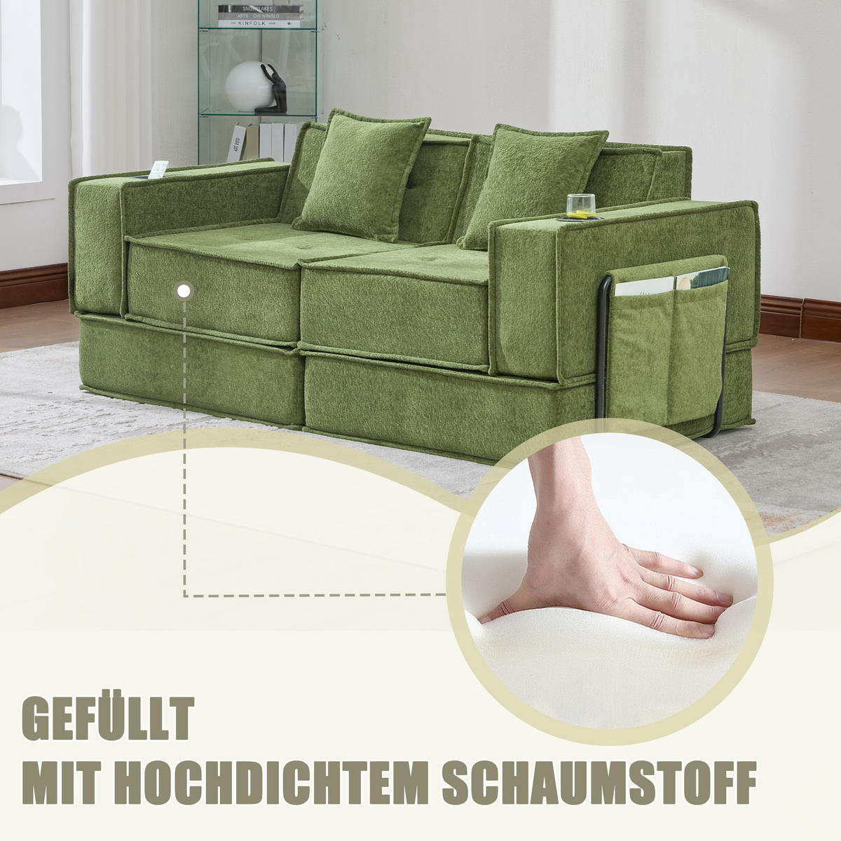 SCHLAFSOFA 162/78/66 cm Grün Chenille mit seitlichem Stauraum und Getränkehaltern - Grün, Textil (162/66/78cm) - Oxeza