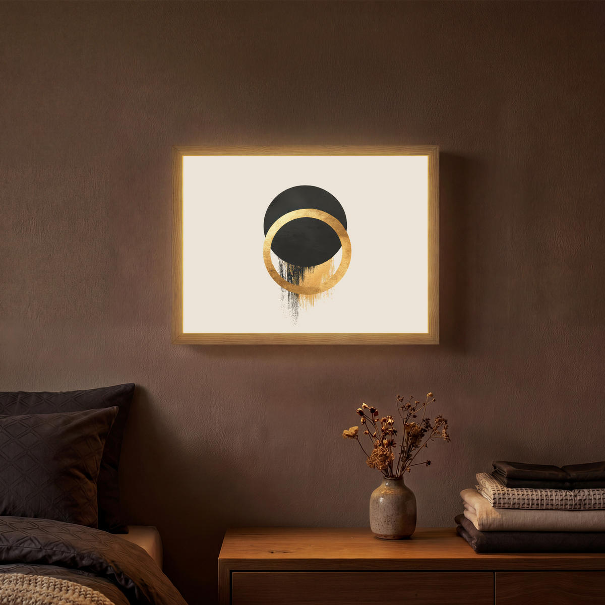 NÁSTĚNNÁ LAMPA S AKUMULÁTOREM Abstraktní design - Černý kruh - Skvrny od barvy 40x30 cm - krémová, kompozitní dřevo (40/30/8cm) - OnlyWow