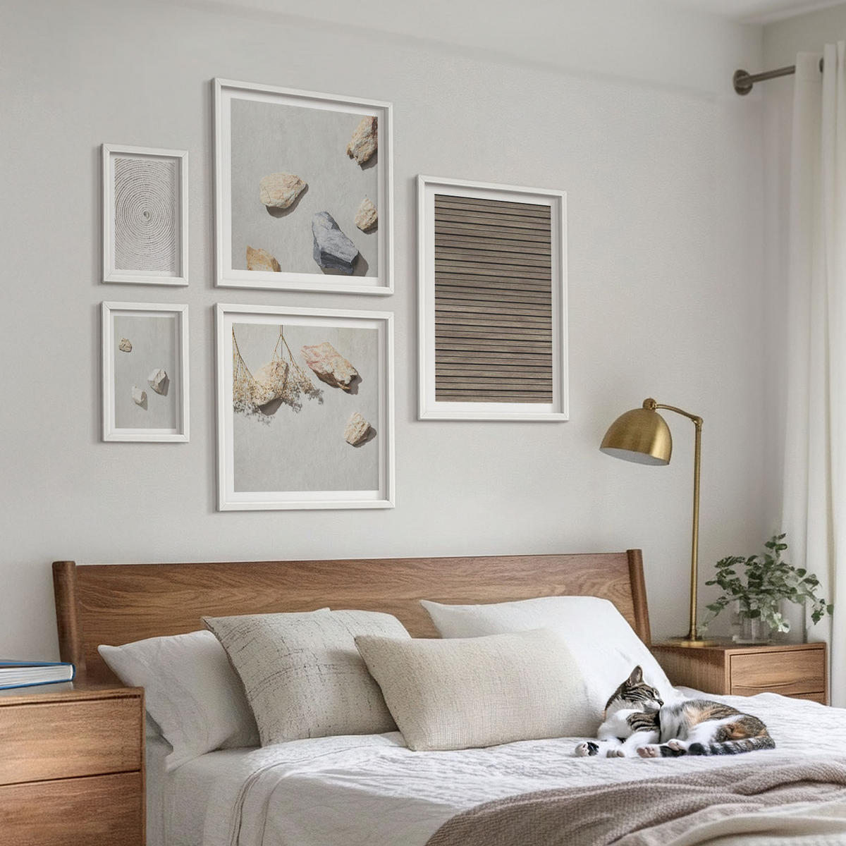 WANDBILDER 5er-Set - 50x50 cm & 20x30 cm & 40x60 cm Weißer Rahmen - Natürliche Texturen Holz Steine - Weiß, Kunststoff (40/60cm) - ArtPrintCave