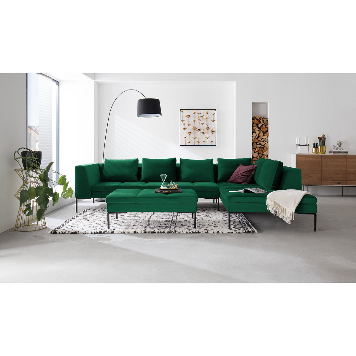 ECKSOFA mit Ottomane - Dunkelgrün/Schwarz, Textil/Metall (319/230cm) - home24