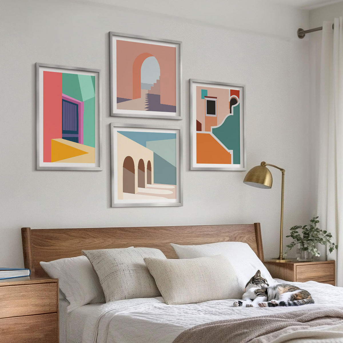 BILDER SET 4er Set - 50x50 cm & 40x60 cm Silberner Rahmen - Farbenfrohe Illustrationen der Stadt - Silberfarben, Kunststoff (50/50cm) - TULUP