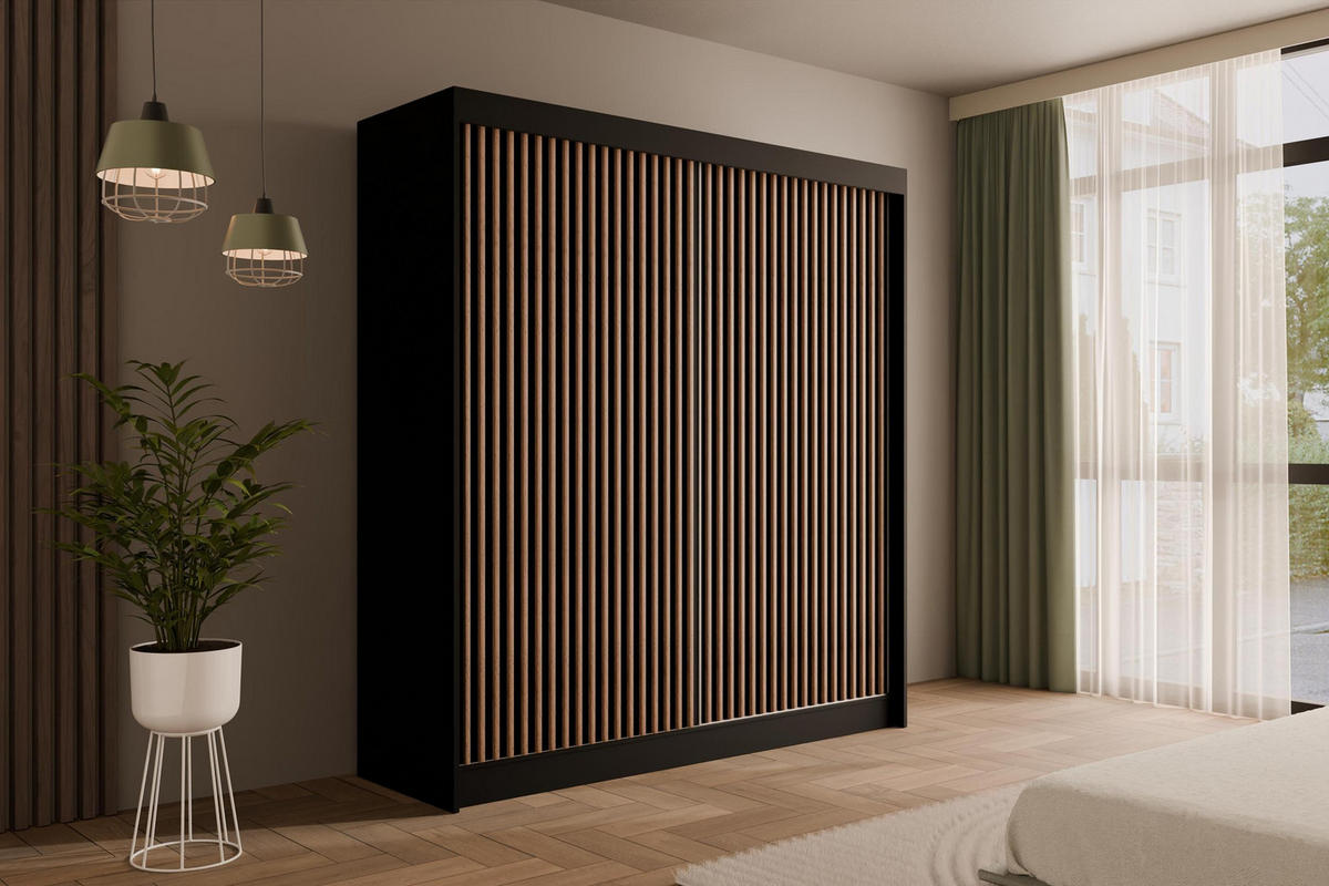 KLEIDERSCHRANK mit Lamel-Schiebetüren VILANv2 - 200 cm Schwarz + Lamelle Eiche Wotan - Eiche Wotan/Schwarz, Holzwerkstoff (200/215/61cm) - ALTDECOR