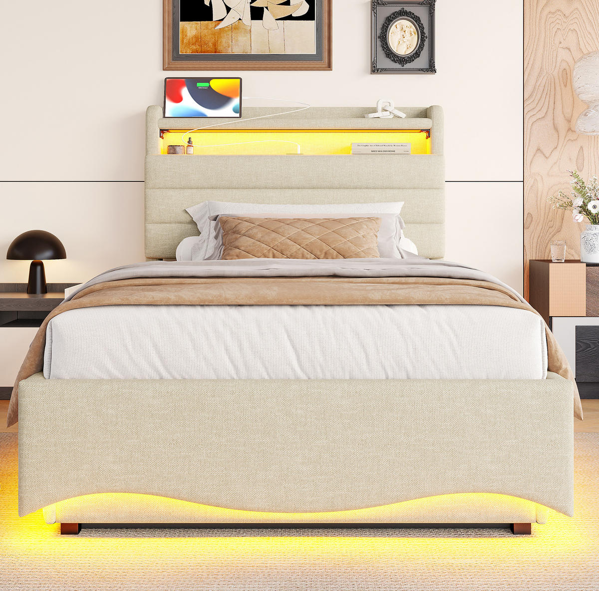 POLSTERBETT 90/200 cm Beige aus Leinen mit Stauraum, LED und USB- und Type-C-Anschlüssen - Beige, Textil (90/200cm) - Flora Grace