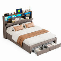 POLSTERBETT 140/200 cm mit zwei rollengeführten Schubladen am Fußende, großem Ablagekopfteil mit blauem LED-Licht & USB-Anschluss, Leinenoptik-Bezug - Grau, Holz/Metall (140/200cm) - Joyfair