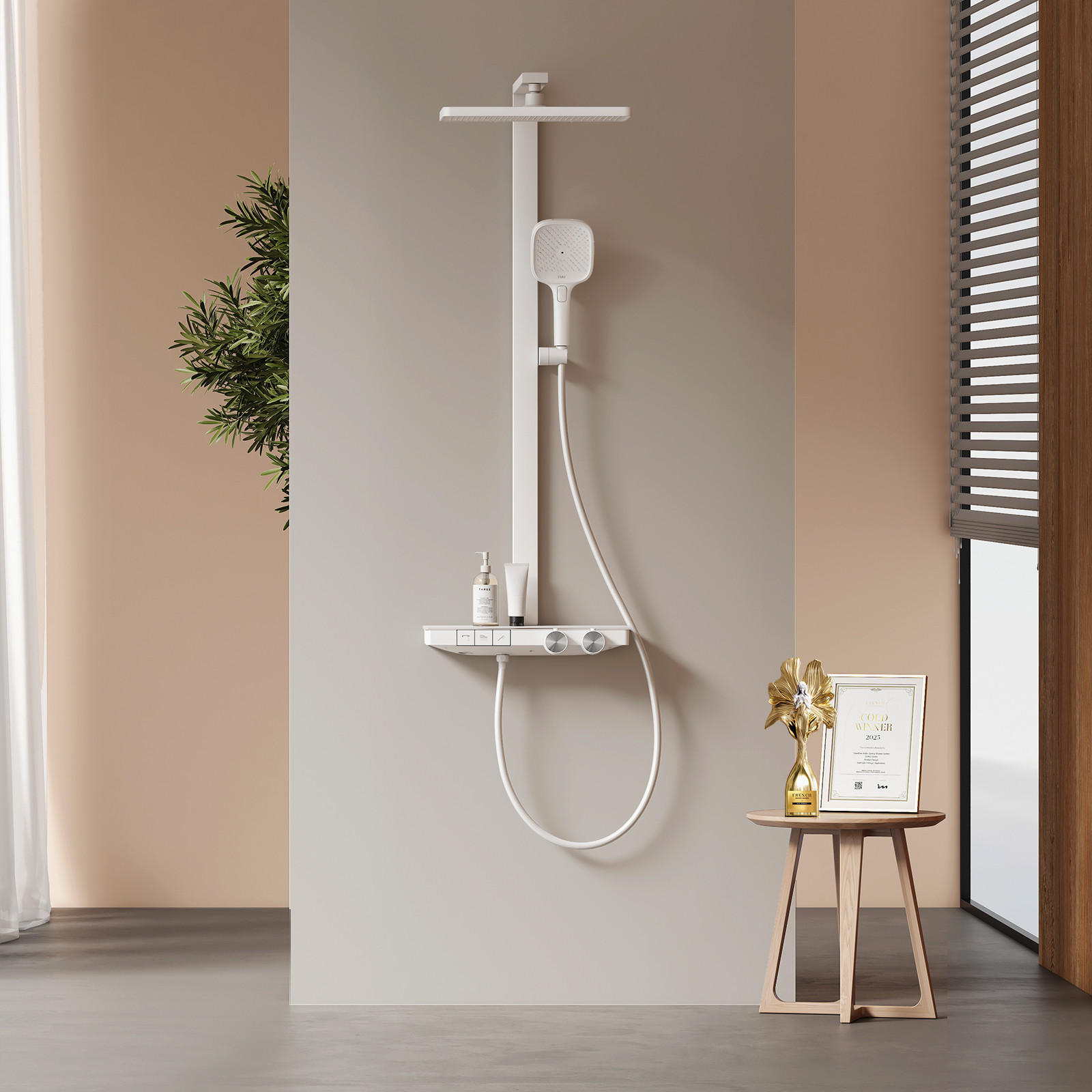 ÜBERKOPFBRAUSESET mit Thermostat Einstellbarer Durchfluss 4-Strahl Mattweiß - Weiß, Metall (40.2/105/57.3cm) - EMKE