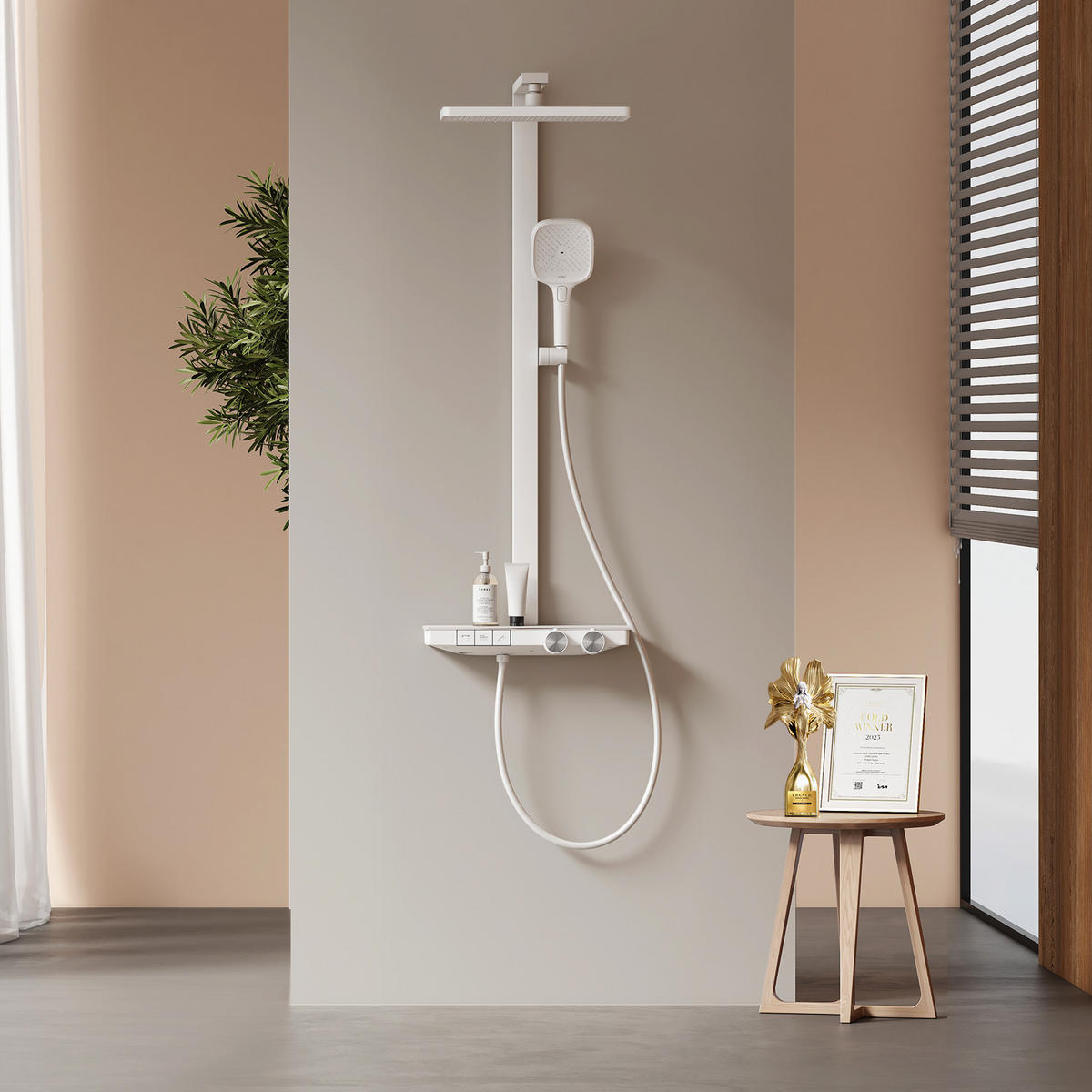 ÜBERKOPFBRAUSESET mit Thermostat Einstellbarer Durchfluss 4-Strahl Mattweiß - Weiß, Metall (40.2/105/57.3cm) - EMKE