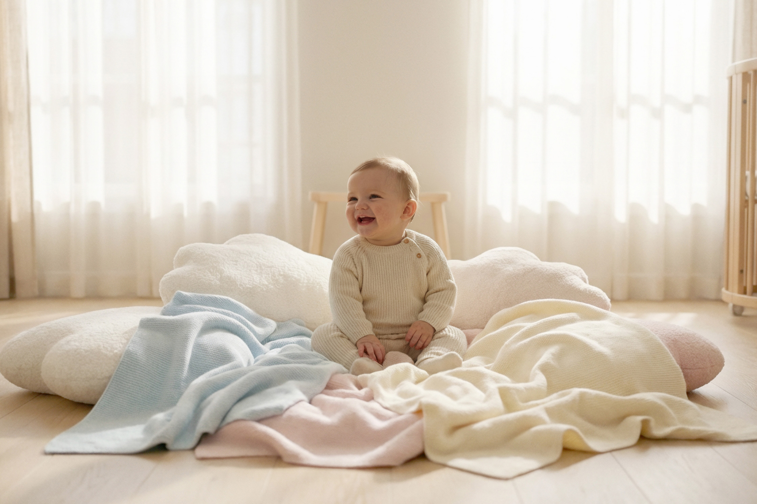 Ein Baby sitzt auf weichen, pastellfarbenen Decken und Kissen in einem hellen Raum mit bodentiefen Vorhängen und einem runden Holz-Babybett im Hintergrund.
