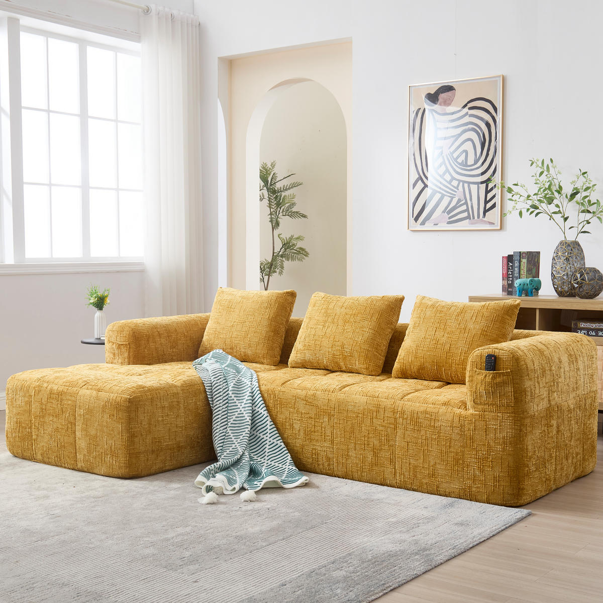 4-SITZER ECKSOFA Chenille Gelb mit Kissen und Seitentaschen - Gelb, Textil (250/158cm) - WISHDOR