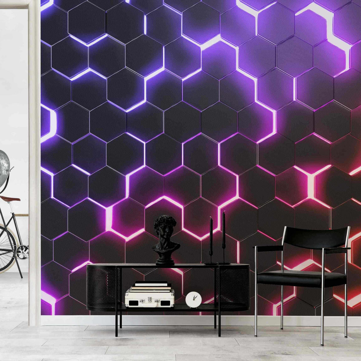 FOTOTAPETE Strukturierte Hexagone mit Neonlicht in Rosa und Lila 240/240 cm - Schwarz, Papier (240/240cm) - Bilderwelten