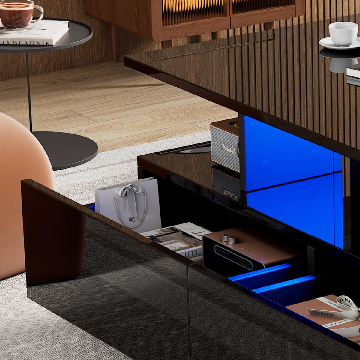 COUCHTISCH aus Spanplatte 90x55x41 cm in Schwarz mit LED-Beleuchtung - Schwarz, Holzwerkstoff (90/55/41cm) - Modfu