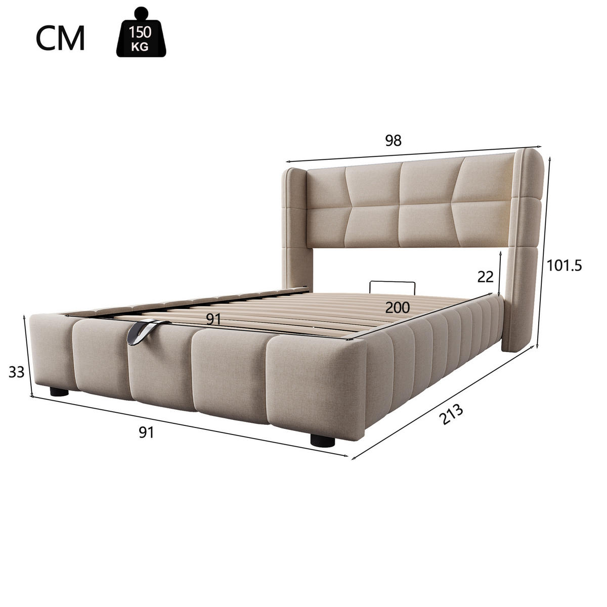 POLSTERBETT 90/200 cm beige aus Stoff mit Stauraum und Hebemechanismus - Beige, Textil (90/200cm) - OKWISH