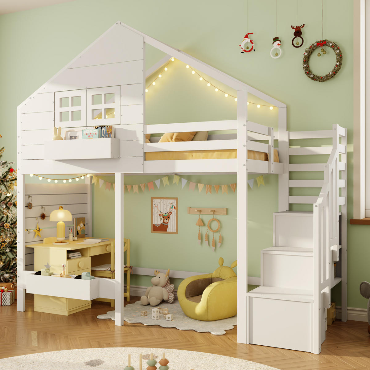 ETAGENBETT 90/200 cm in Weiß aus Kiefer massiv mit Stauraumtreppe - Weiß, Holzwerkstoff (90/200cm) - OKMYHOME