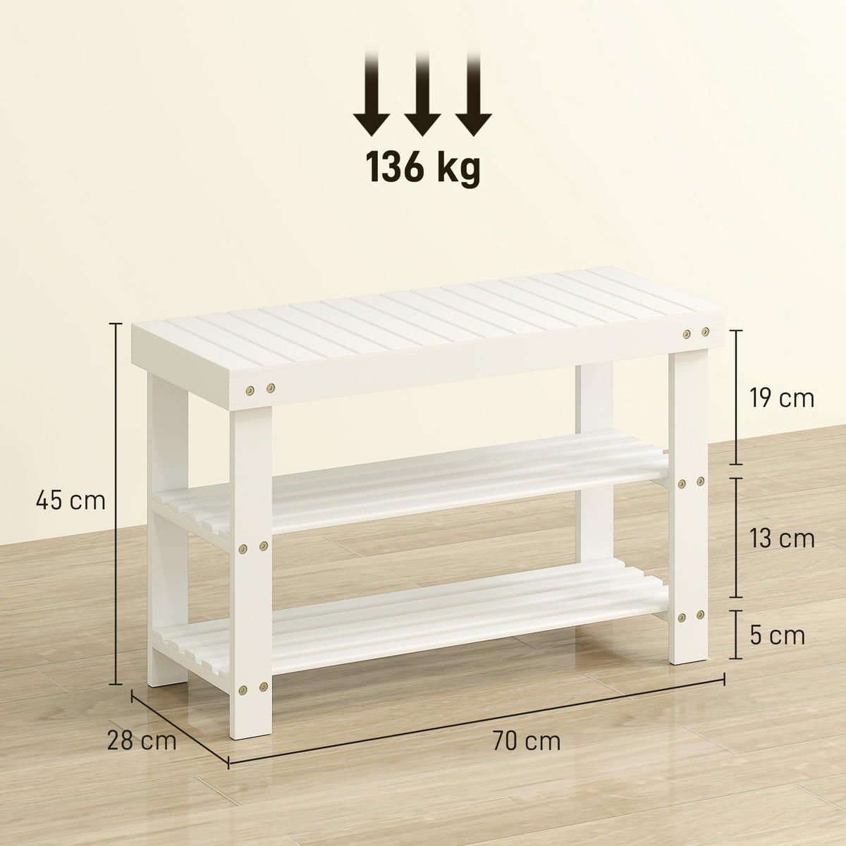 SCHUHBANK aus Bambus mit 2 Ablagen, Sitzbank mit Stauraum 70x28x45 cm, Weiß - Weiß, Naturmaterialien (28/45/70cm) - HOMCOM