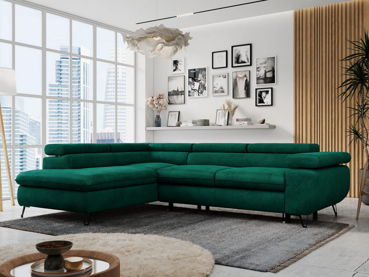 ECKSOFA PETER L Dunkelgrün Velvet - Links Seite - Dunkelgrün/Schwarz, Textil/Metall (208/273cm) - MKS
