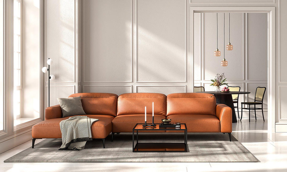 ECKSOFA mit Longchair - Kastanienfarben/Schwarz, Leder/Metall (328/180cm) - home24