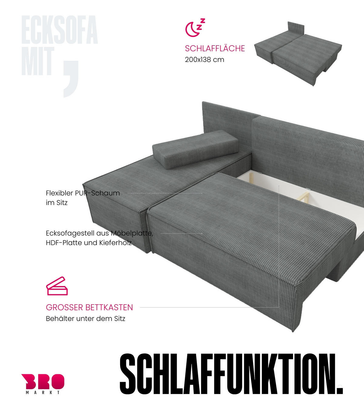 ECKSOFA Hector mit Schlaffunktion Grau Cord - Grau, Textil (200/141cm) - Bromarkt