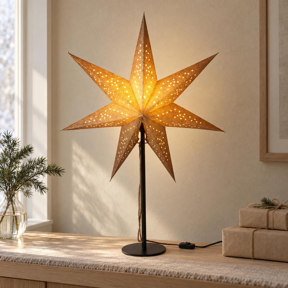 PAPIERSTERN auf Metallständer 45/45/65 cm - Goldfarben, Papier (45/65/45cm) - Home Styling Collection