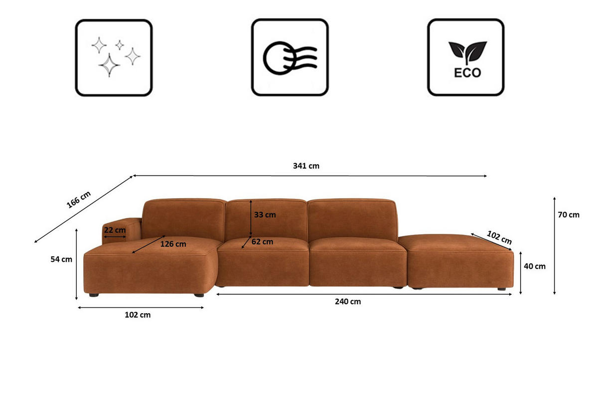 ECKSOFA Cursal L-Form, Stoff Salvador, Dunkelbraun + Hocker, Links - Dunkelbraun, Holz (341/166cm) - Kaiser Möbel
