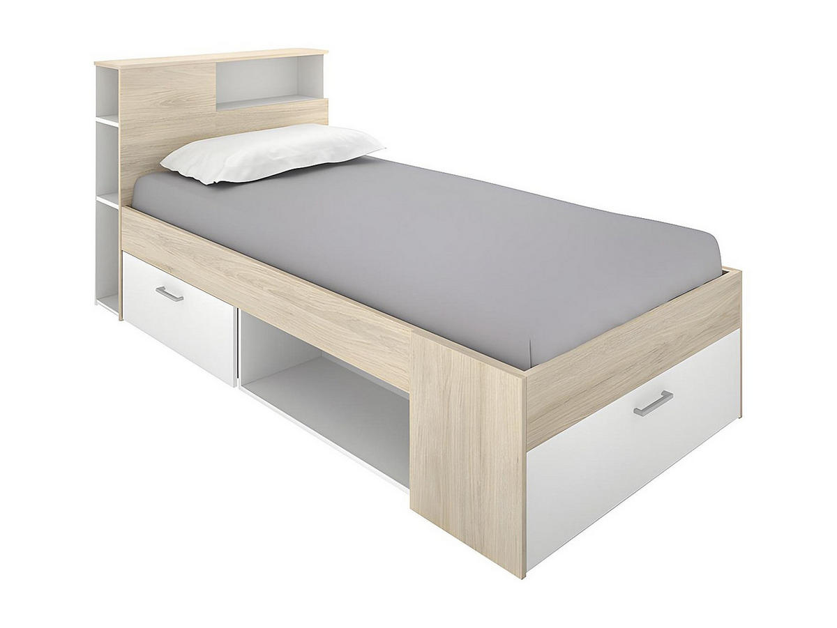BETT mit Kopfteil, Stauraum & Schublade + Matratze + Lattenrost - 90 x 190 cm - Weiß & Naturfarben - LEANDRE - Naturfarben, Holz (99.5/218.5cm) - Vente-Unique