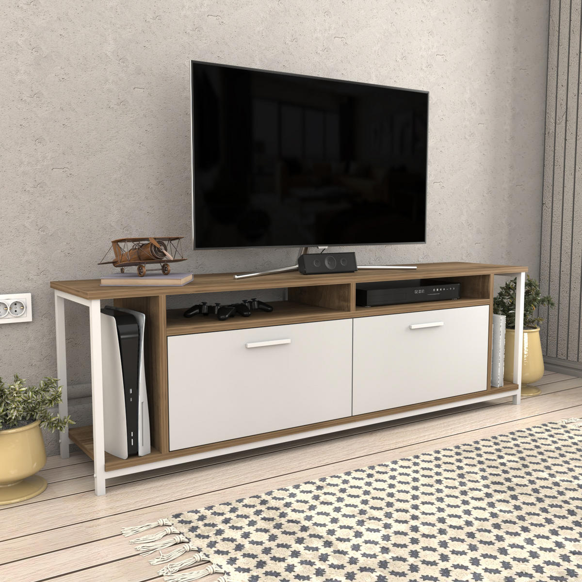 TV-ELEMENT Omar Walnuss Weiß - Walnussfarben/Weiß, Holzwerkstoff (35/50.8/160cm) - Decorotika