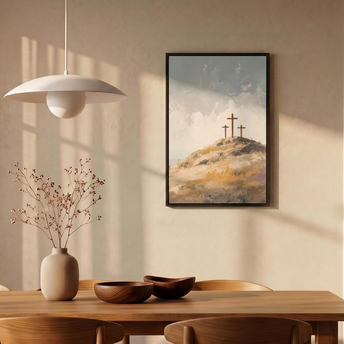 LEINWAND Bilder mit Rahmen - Hügel - Abstrakt - Christentum - Kreuz - 40x60 - Hellgrau, Textil (40/60cm) - MuchoWow