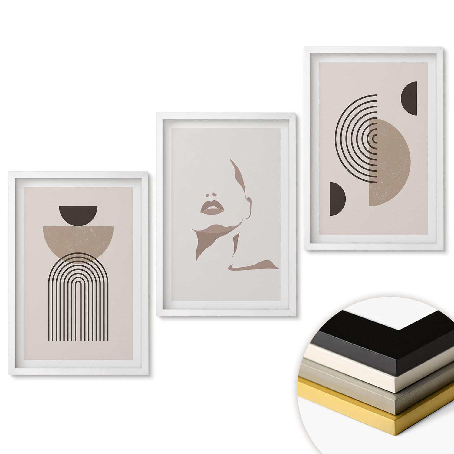 WANDBILDER 3er-Set - 40x60 cm Weißer Rahmen - Abstrakte Formen und Gesicht - Weiß, Kunststoff (40/60cm) - ArtPrintCave