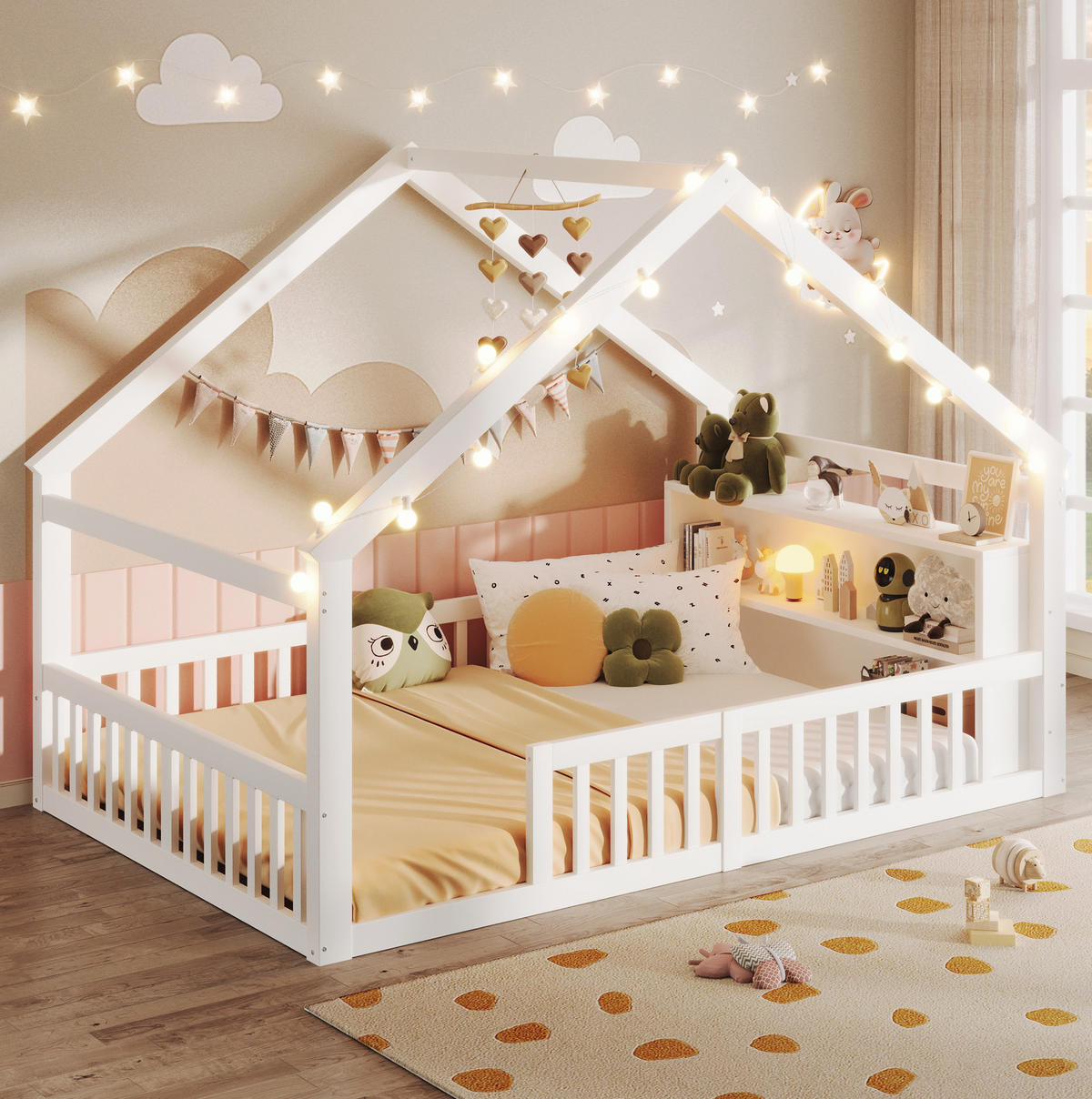 KINDERBETT 140/190 cm mit Schutzgitter, LED-Lichterkette und Seitenregalen aus Kiefernholz, Weiß - Weiß, Holz (140/190cm) - Redom