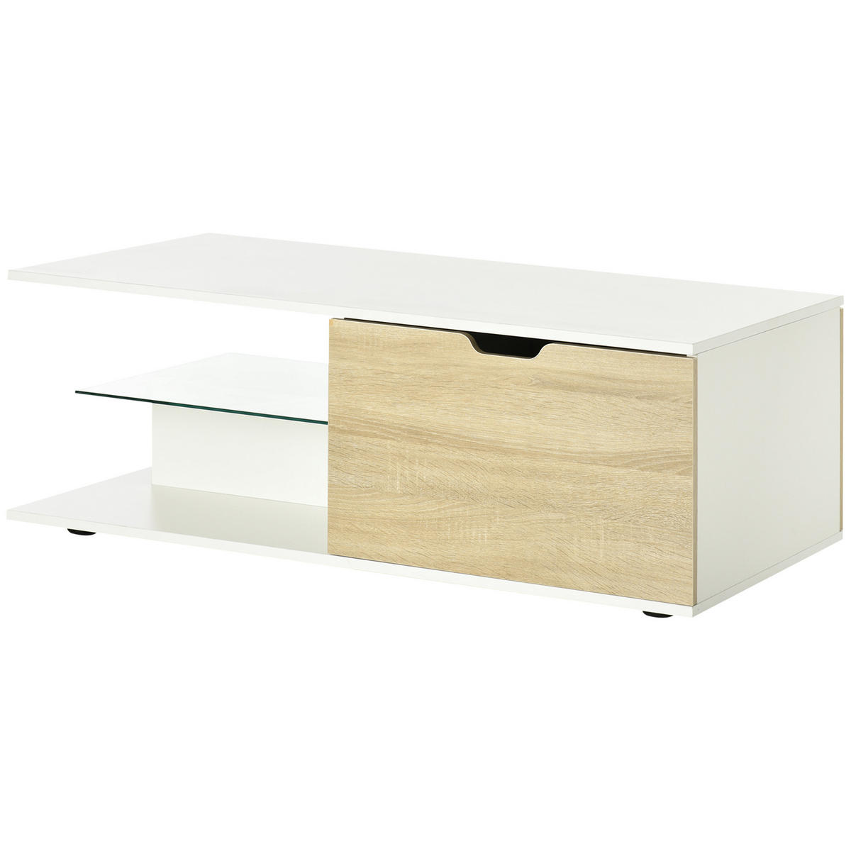 COUCHTISCH DE-15742 mit 2 Schubladen & Glasablage Weiß - Weiß, Holzwerkstoff (106/58/39cm) - ComfortXL