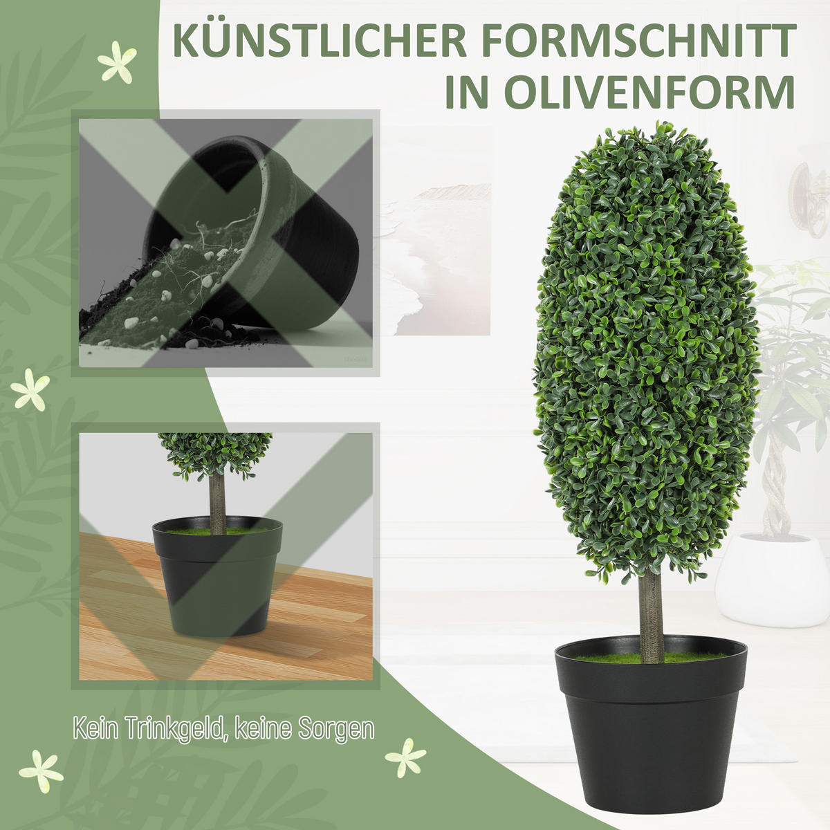 KÜNSTLICHE Buchsbaum 2er-Set 60 cm Kunstpflanze im Olivenform, Dekoration - Schwarz/Grün, Kunststoff (60cm) - HOMCOM