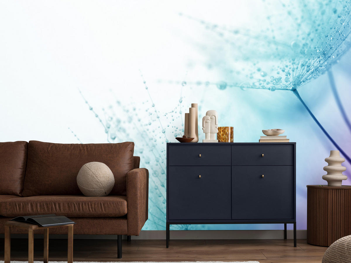 FOTOTAPETE für Badezimmer Leuchtende Löwenzahnblüten Wassertropfen Blau 150x105 - Türkis/Blau, Papier (150/105cm) - Muralo