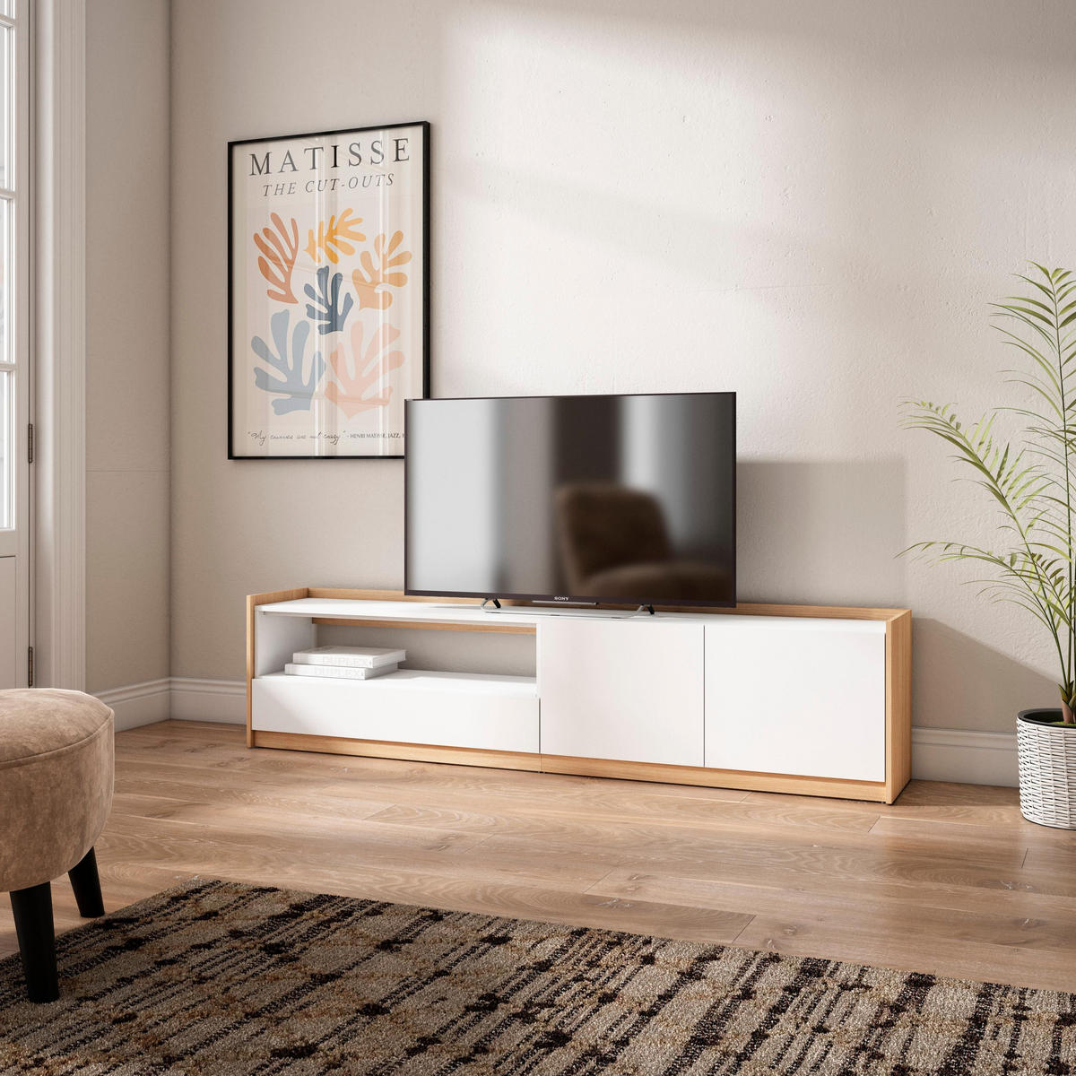 TV-SCHRANK, Lowboard, Weiß und Eiche Soft, 207/37/50cm - Weiß, Holzwerkstoff (207/50/37cm) - Skraut Home