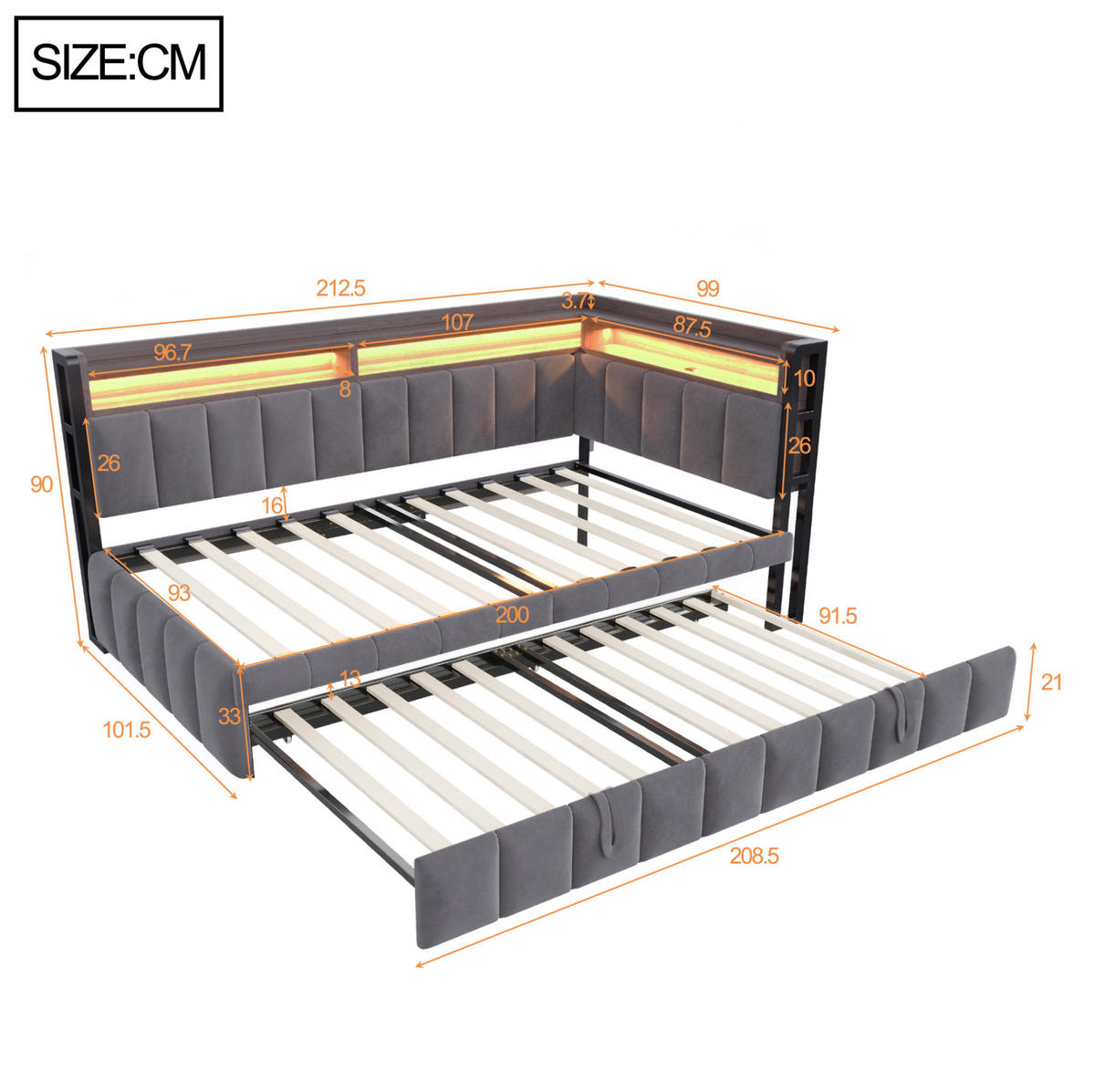 POLSTERBETT Schlafsofa aus Samt 90x200 cm Grau mit Ausziehbett, LED-Beleuchtung, USB- und Typ-C-Anschlüssen - Grau, Textil (90/200cm) - Modfu